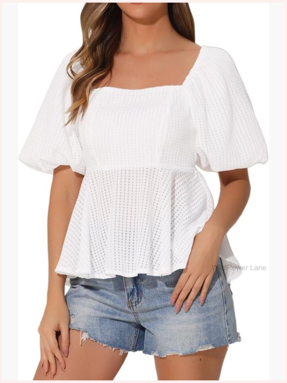 Square Neck Peplum Blouse Puff Sleeve Smocked Ruffle Top